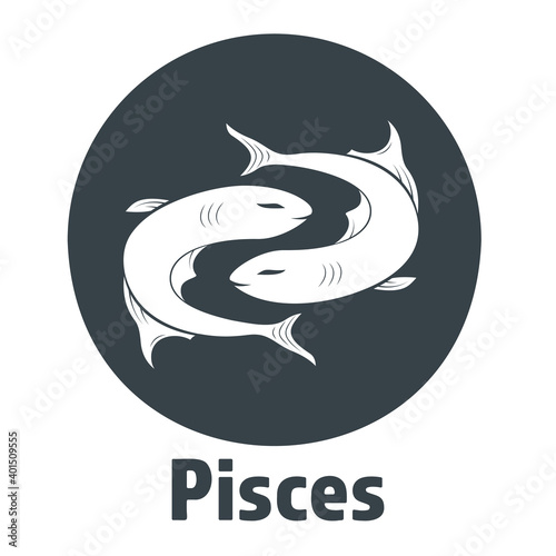 Black zodiac sign Pisces depicting two fish moving in opposite directions. Illustration of an astrology sign. Vector flat design icon.