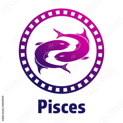 Colorful zodiac sign Pisces depicting two fish moving in opposite directions. Illustration of an astrology sign. Vector flat design icon.