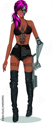 African-American women  bionic cyber warrior with a submachine gun in his hand