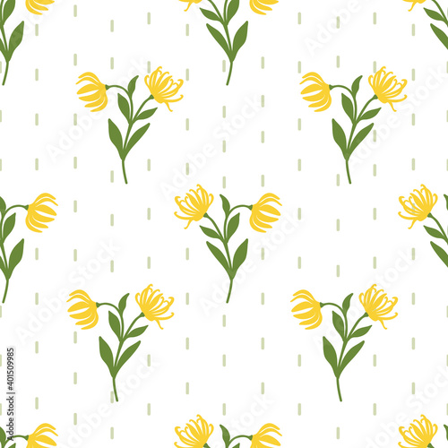 Floral Seamless vector Pattern with Ylang Ylang or Cananga Flower Branches and Hand Drawn Vertical Thin Short Lines. Yellow and Green Floral Elements on White Background,