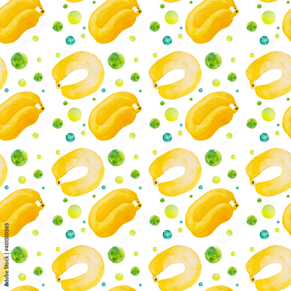 Seamless pattern with yellow neck pillows, hand painted watercolor on paper Seamless pattern with yellow neck pillows, hand painted watercolor on paper