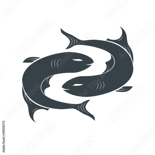 Black zodiac sign Pisces depicting two fish moving in opposite directions. Illustration of an astrology sign. Vector flat design icon.