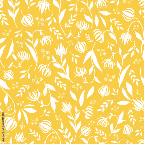 Floral Seamless Pattern with Vector Ylang Ylang Flowers, Buds, Branches and Leaves. White Silhouettes on Yellow Color Background. 