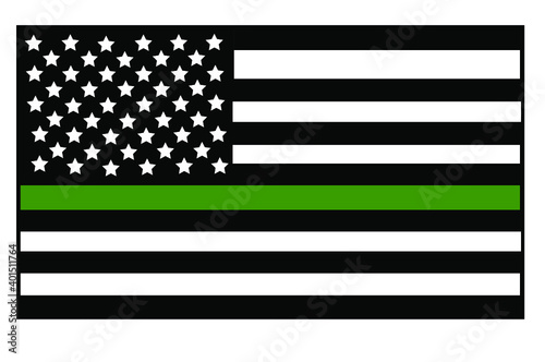 Vector illustration of USA black and white flat flag with a thin green line in honour of the USA military and veterans. The USA military lives matter symbol.