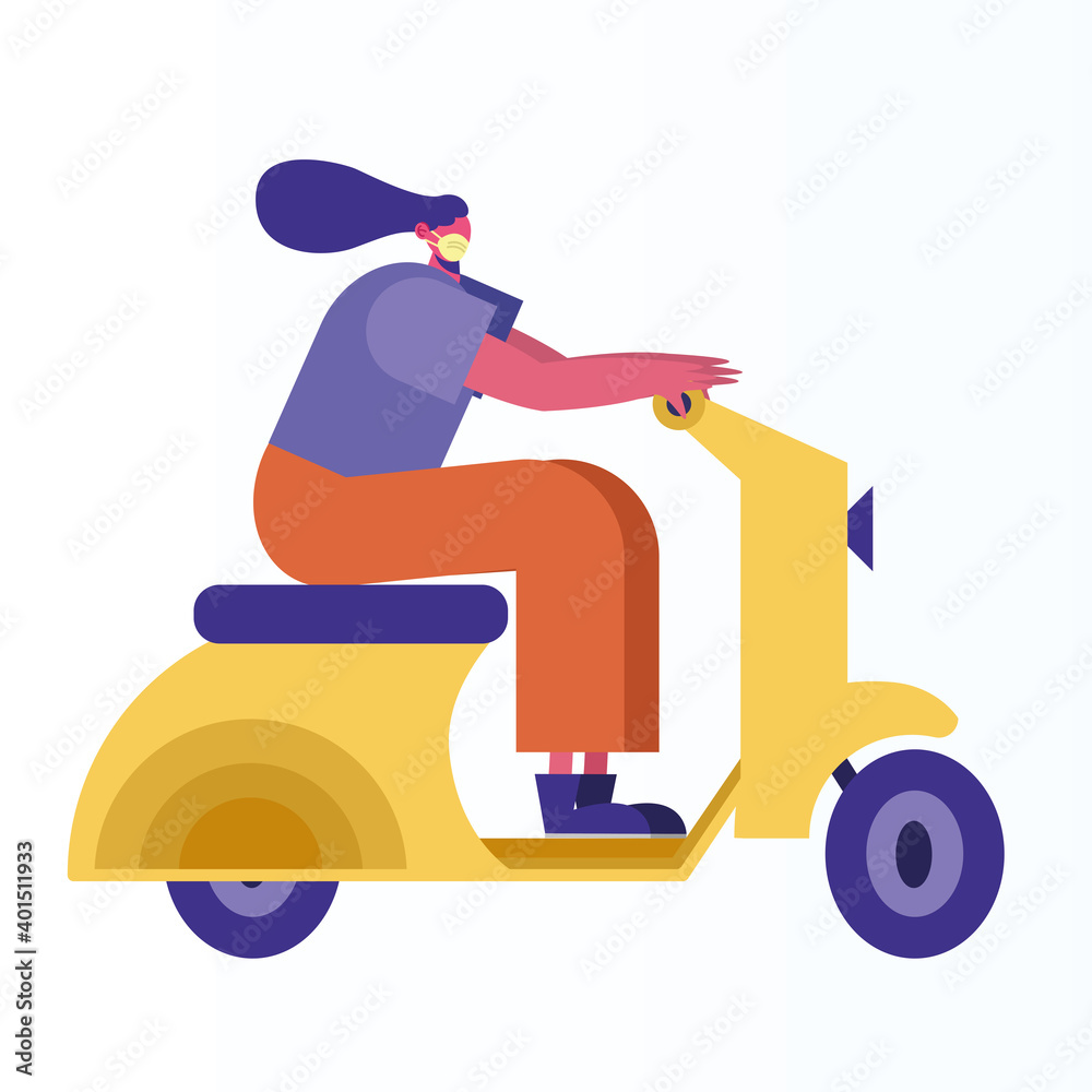 woman wearing medical mask in scooter activity woman wearing medical mask in scooter activity
