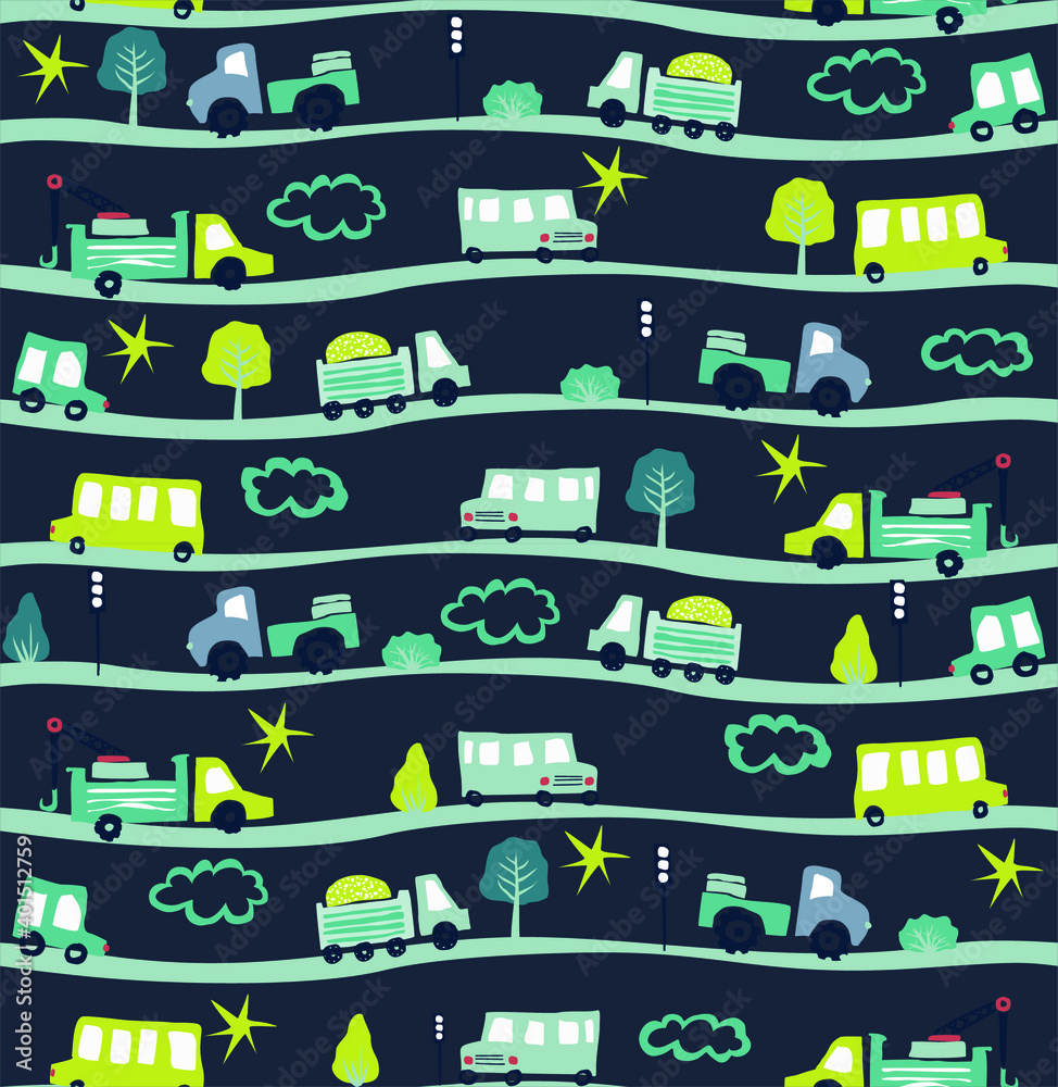 Original vector hand drawn cars are driving along the city road. Seamless pattern for boys. Childrens illustration