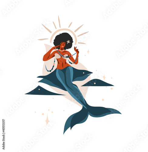Hand drawn vector stock abstract flat graphic illustration with zodiac astrological sign Pisces with beauty magic african american mermaid female cartoon artistic design isolated on white background.