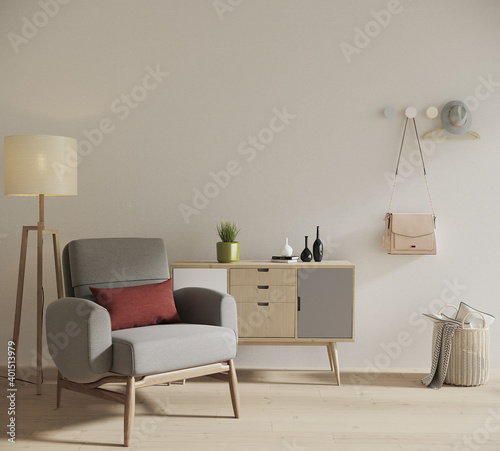 living interior with sofa and lamb and decor, 3d render © vnmockupdesign