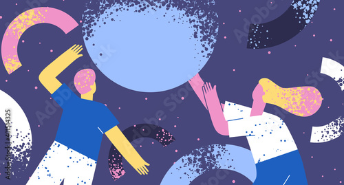 Pair of people collecting and organizing abstract geometric shapes. Man and woman holding geometric shapes. Flat illustration, teamwork