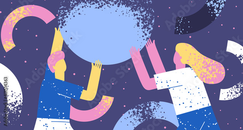 Pair of people collecting and organizing abstract geometric shapes. Man and woman holding geometric shapes. Flat illustration, teamwork