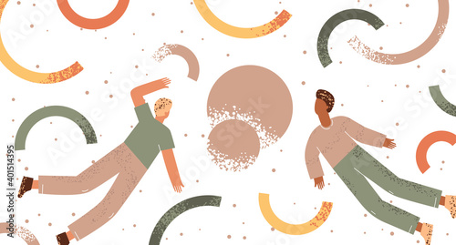 Teamwork of two men. Two people in space arrange abstract geometric shapes. Teamwork concept flat illustration