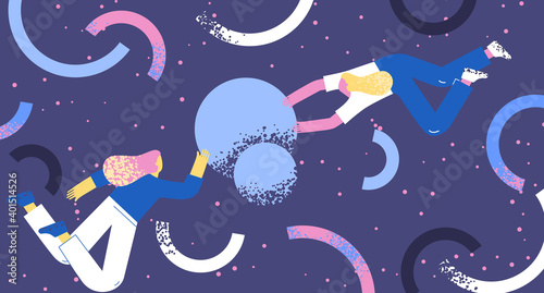 Teamwork of two railways Two people in space arrange abstract geometric shapes. Teamwork concept flat illustration