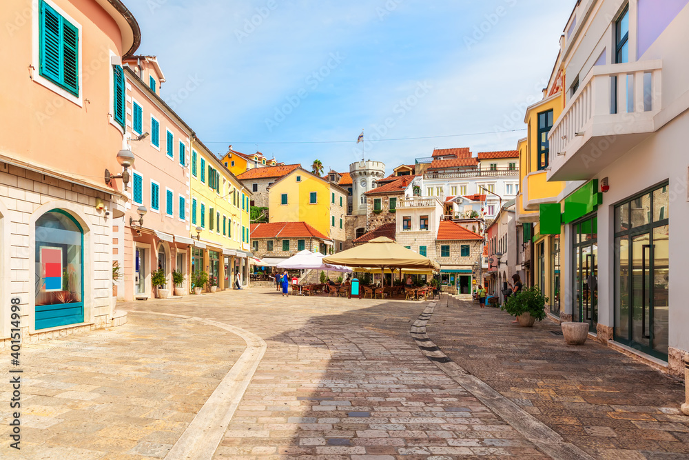 Center square near the clock-tower and old town gate of Herceg Novi, Montenegro