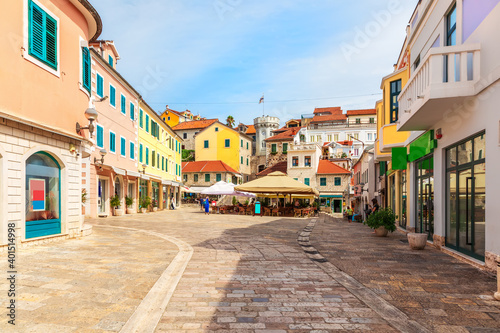 Center square near the clock-tower and old town gate of Herceg Novi, Montenegro © AlexAnton