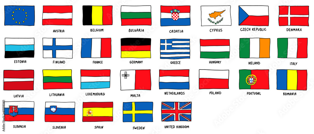 Set of European Union flags sketch style vector doodle illustration Set of European Union flags sketch style vector doodle illustration