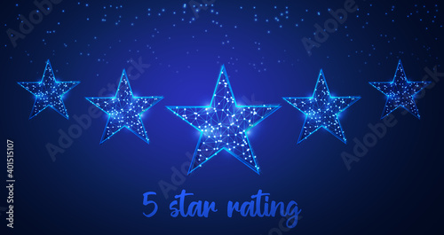 Five-star rating magic star with low poly design. The concept of shimmering luxury star shapes. Wireframe structure. Vector illustration with glitter, sparkles, and snowflakes on blue background. 
