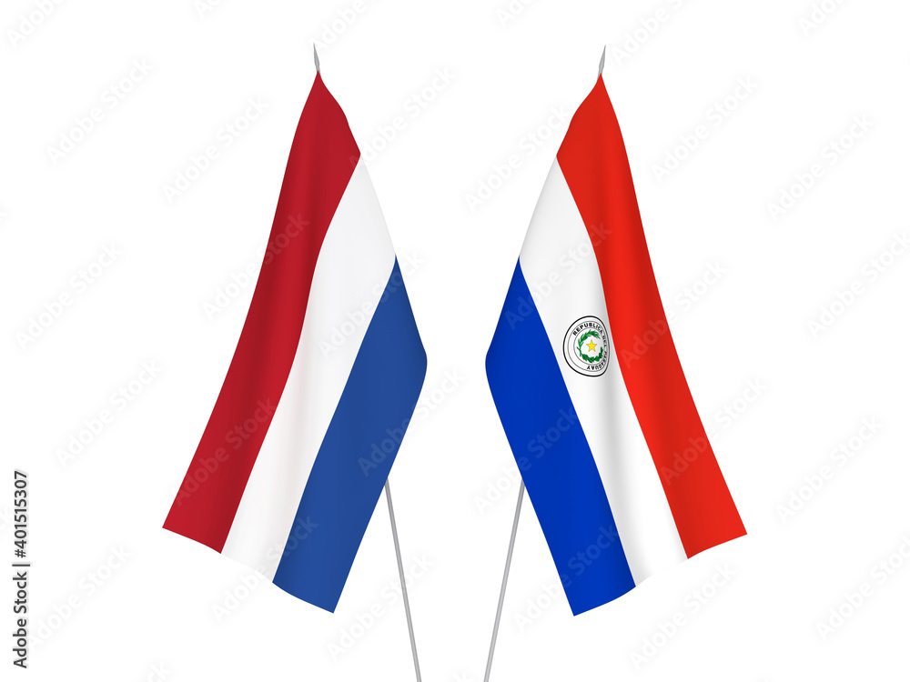National fabric flags of Netherlands and Paraguay isolated on white background. 3d rendering illustration.
