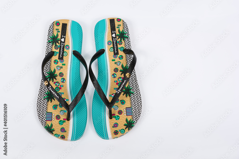 BURGAS, BULGARIA - AUGUST 18, 2018: Multicolored Ipanema fashion flip flops  on white background. Ipanema Slippers. Ipanema is a Brazilian company, the  world leader for the flip flops market Stock Photo | Adobe Stock