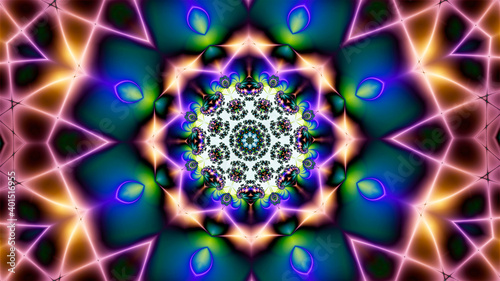 multicolored abstract background in neon light with intertwining rays and fractal flower in the center
