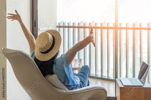 Photography Life balance and summer holiday vacation concept with happy woman taking a break