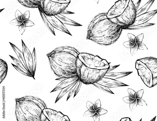 Black and white vintage coconut graphic seamless pattern