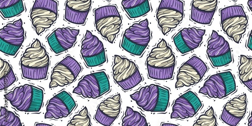 Seamless pattern wallpaper with cupcake illustration, colored cream cake muffin birthday dessert