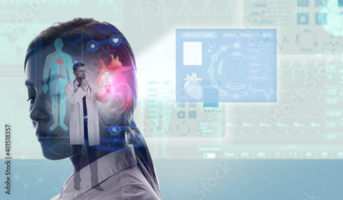 Multiple exposure of silhouette of woman, patient card and doctor using virtu...