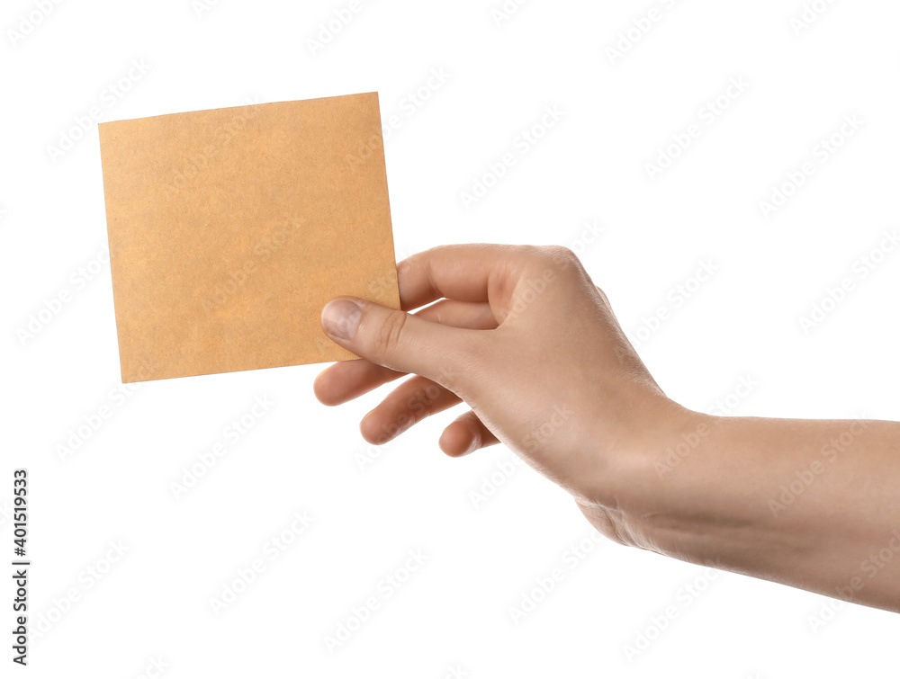 Female hand with blank paper sheet on white background
