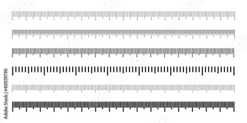 Rulers Inch and metric rulers. Measuring tool. Centimeters and inches measuring scale cm metrics indicator. Measurement scale, markup for a ruler. Vector set isolated