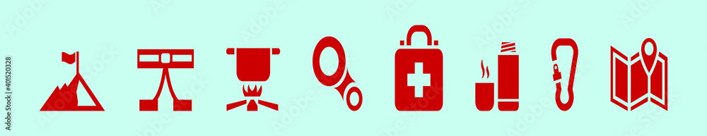set of mountaineer tools cartoon icon design template with various models. vector illustration isolated on blue background set of mountaineer tools cartoon icon design template with various models. vector illustration isolated on blue background