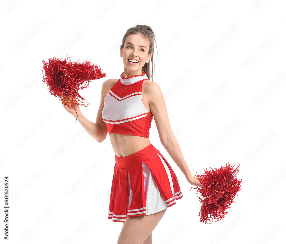 Beautiful young cheerleader on white background Stock Photo | Adobe Stock