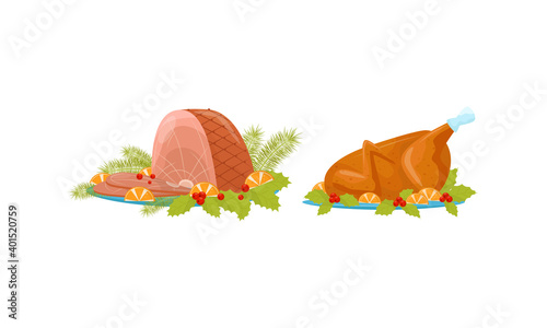 Whole Roasted Chicken and Ham Served on Plate with Orange Slices as Traditional Christmas Eve Dinner Vector Set