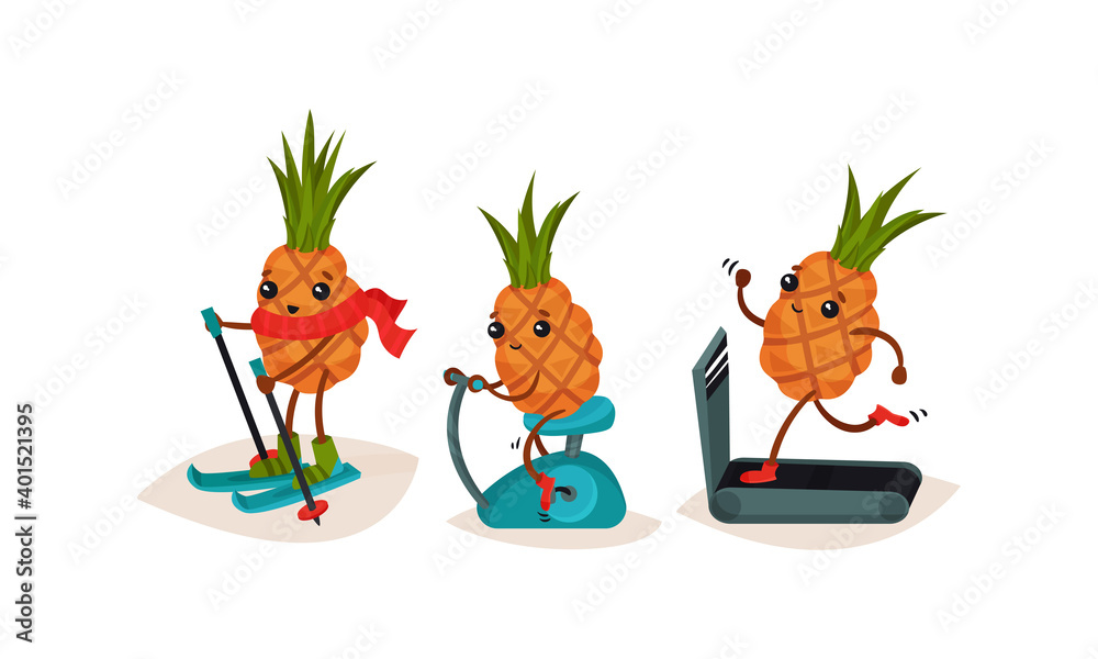 Obraz premium Cute Pineapple Skiing and Running on Treadmill in Gym Vector Set