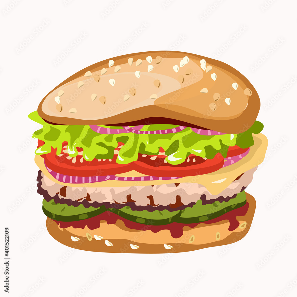 Hamburger with sesame and cheese and tomatoes