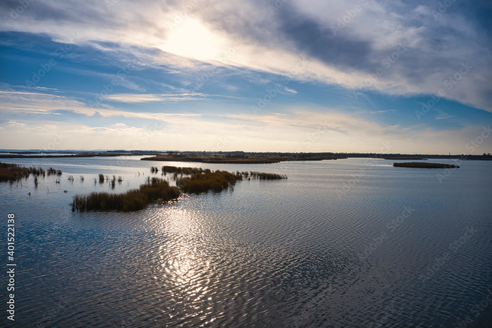 Irresistible floods on the Samara river on the dnieper in the evening light