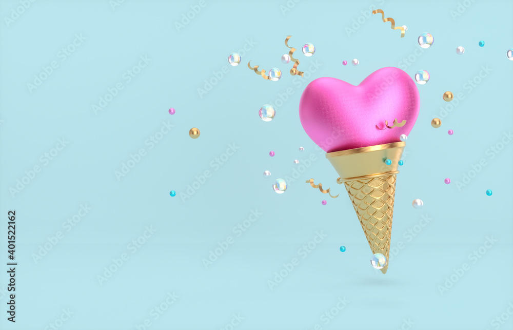 Sweet Valentine's day background with heart shape on ice cream cone. 3d render.