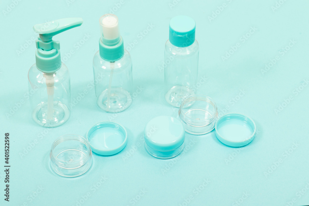 Plastic Clean Three blank bottles With Dispenser Pump and cream box Plastic Clean Three blank bottles With Dispenser Pump and cream box