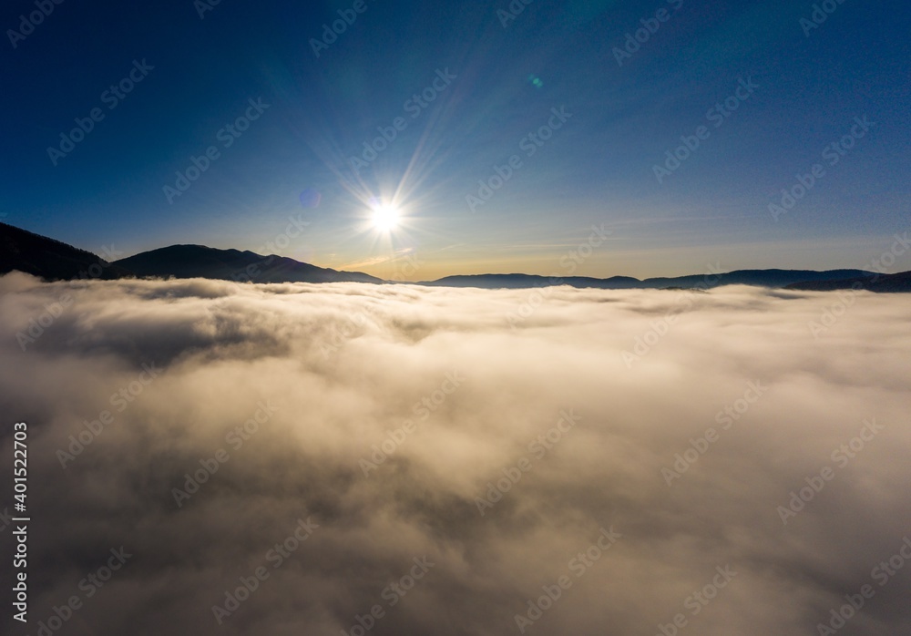 Grey mist covered the mountain hils