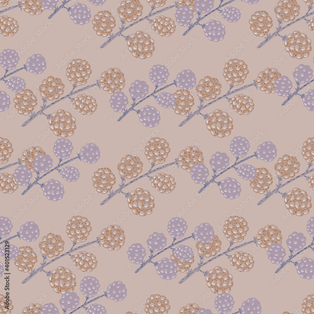 Fototapeta premium Pastel palette seamless pattern with simple blackberry branches shapes. Pale pink and blue tones artwork.