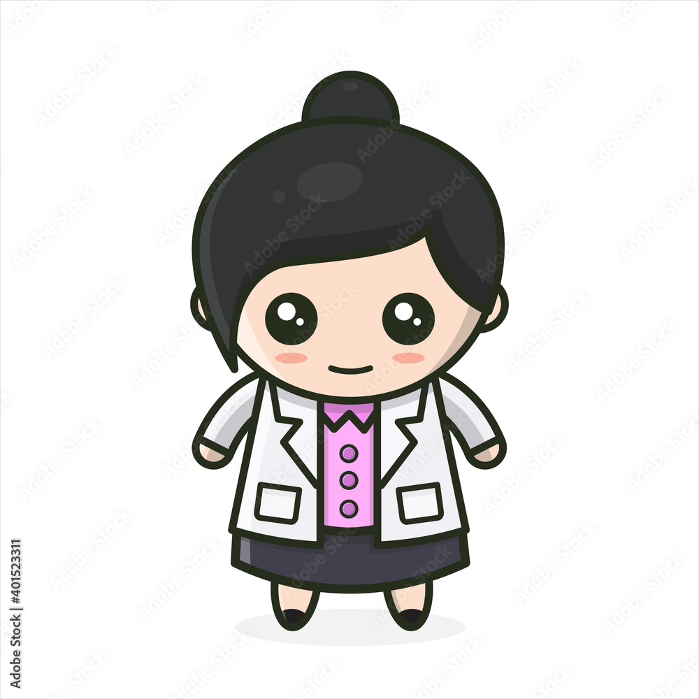 Cute Funny Smiling Doctor Girl,Healthcare,Medical,Doctor Woman Mascot Concept. Vector Flat Cartoon Character Design Kawaii. Isolated on White Background