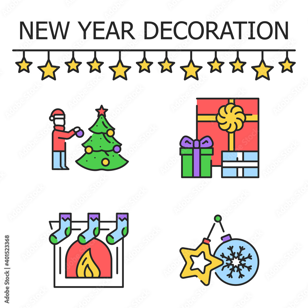 New year decoration color line icons set. Pictograms for web page, mobile app, promo.