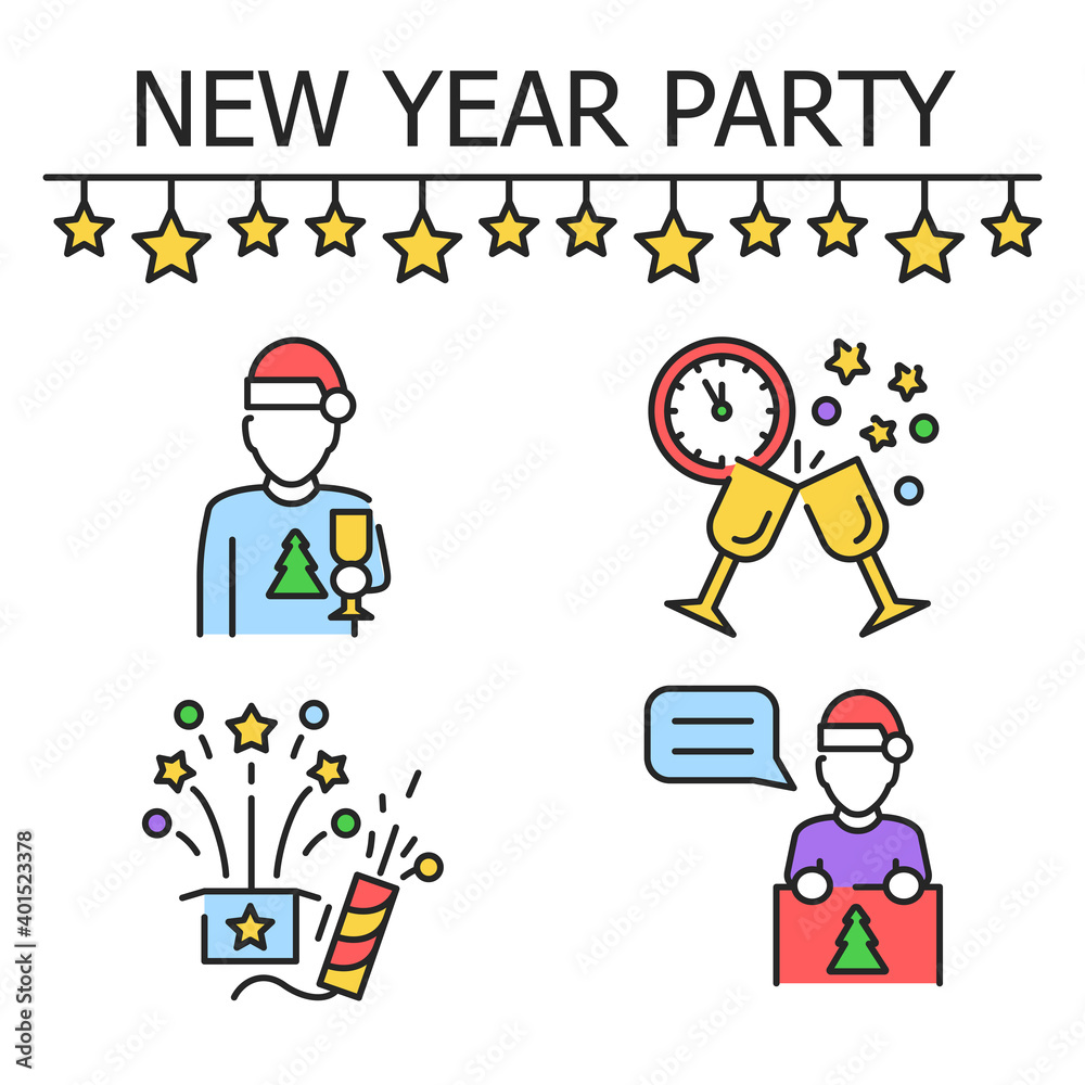 New year party color line icons set. Pictograms for web page, mobile app, promo.