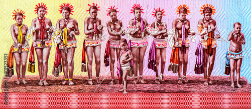 Nude princesses taking part in Ncwala - kingship ceremony Portrait from Swaziland 1 Lilangeni 1974 Banknotes. photo