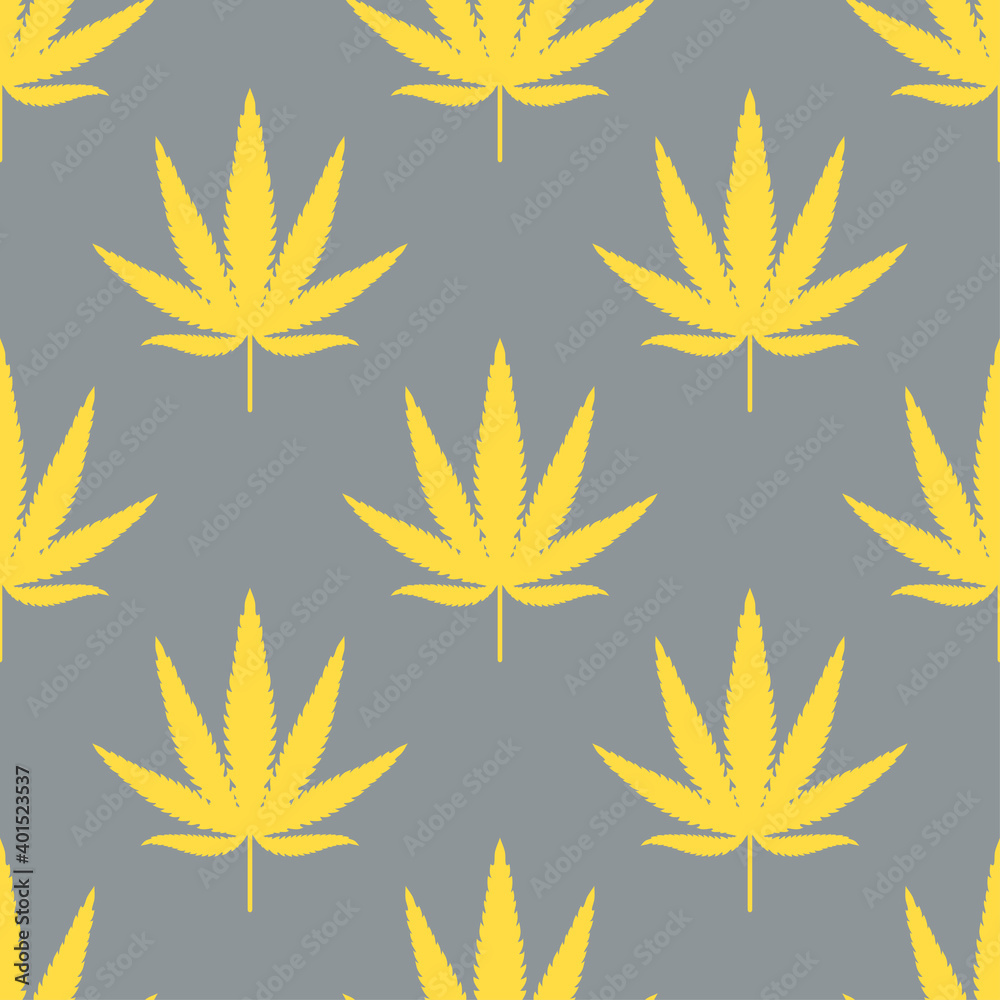 Seamless pattern with leaves of hemp Marijuana leaf. Cannabis plant on gray background. Vector