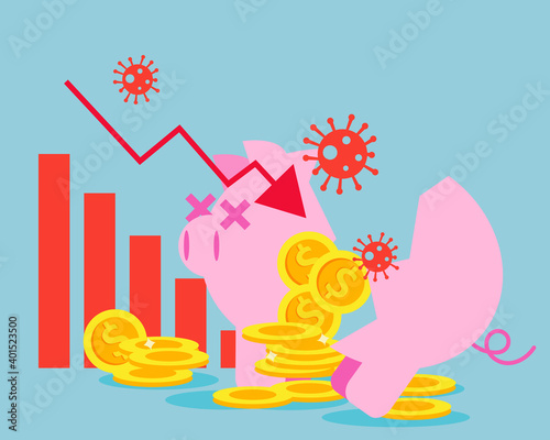 Economy down with Covid-19 crisis concept: there are virus with red down arrow break piggy bank for your design.