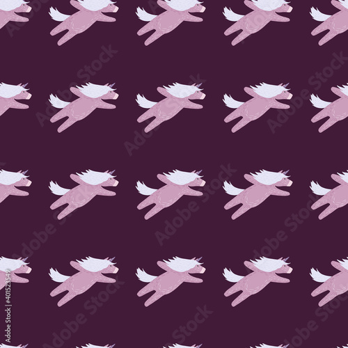 Children seamless cartoon pattern with simple unicorn magic elements. Purple dark background.