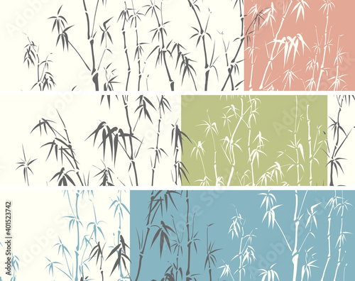 Set of horizontal banners with silhouettes of bamboo trees in green  blue and red color.