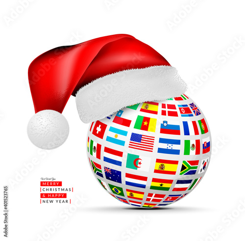 A sphere of national flags in a cap of a santa claus. Concept for studying foreign languages, logistics or travel. Vector illustration on white