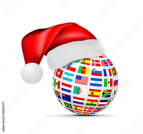 A sphere of national flags in a cap of a santa claus. Concept for studying foreign languages, logistics or travel. Vector illustration on white