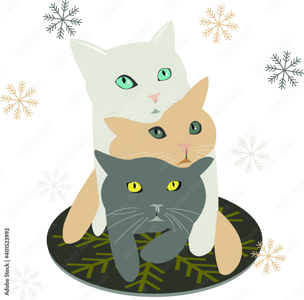 Three cute cats lie on top of each other together. Beautiful pets and snowflakes for fashion prints on clothes, dishes, textiles. Vector illustration. Three cute cats lie on top of each other together. Beautiful pets and snowflakes for fashion prints on clothes, dishes, textiles. Vector illustration.